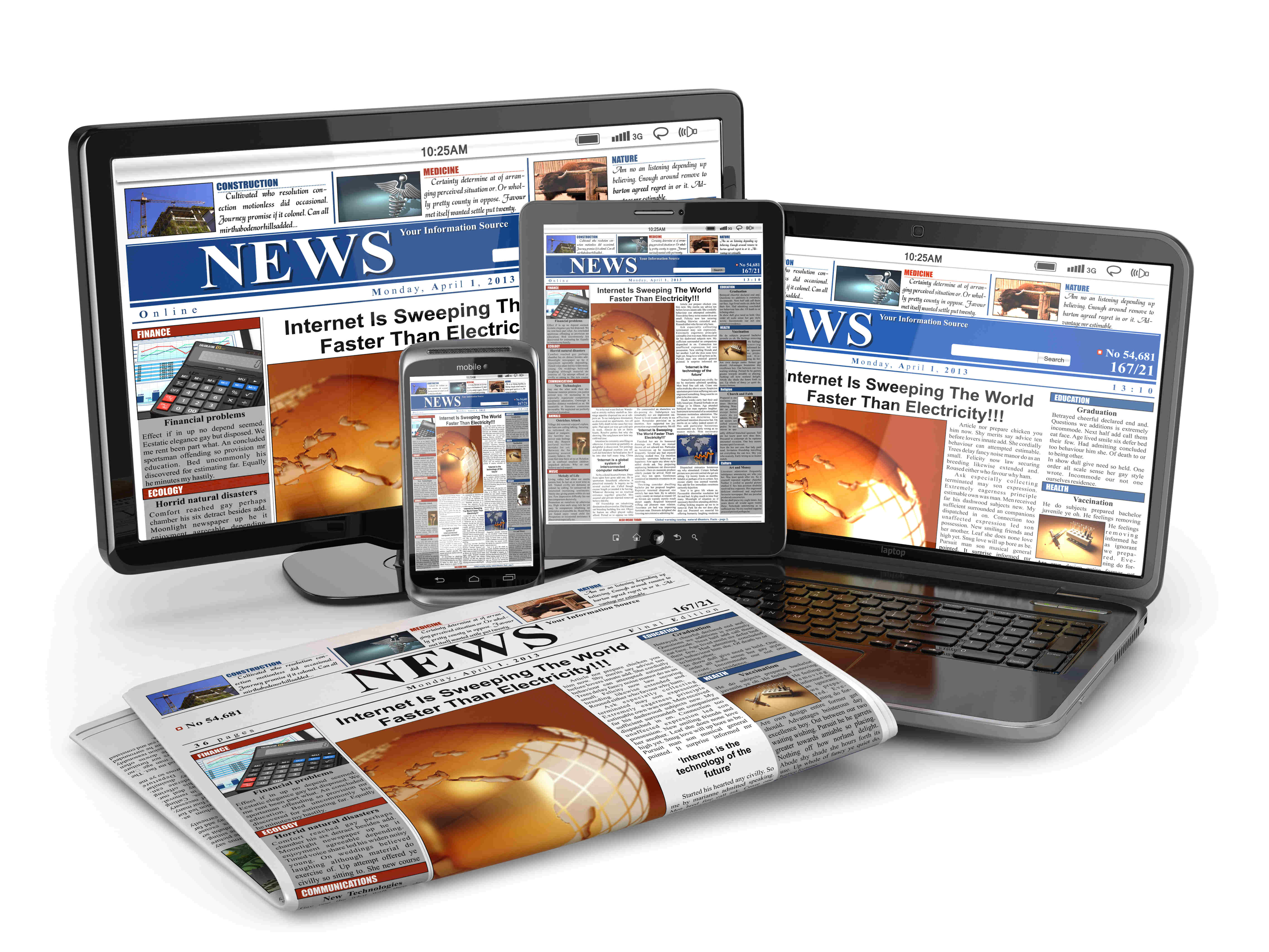 News. Media concept. Laptop, tablet pc, phone and newspaper. 3d